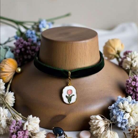 Green Velvet Choker Necklace with Pink Tulip Charm Cottagecore Floral Choker - Picture 2 of 6